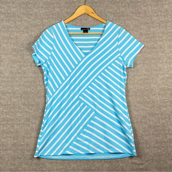 RXB Womens Blue/White Geometric Stripes Short Sleeve Athletic Blouse Size Large - Picture 1 of 9